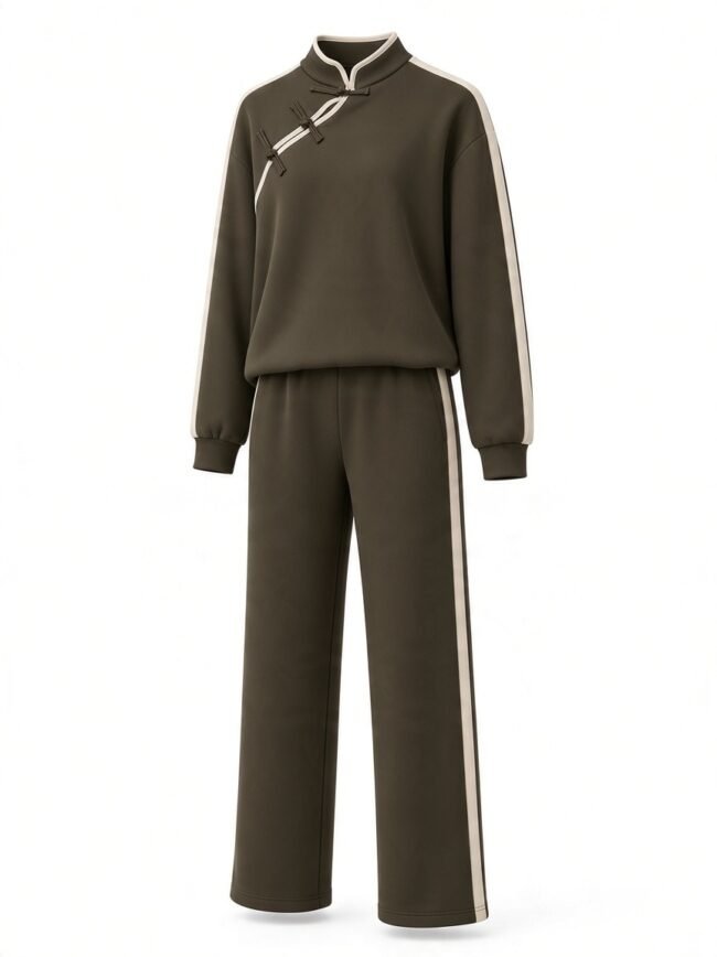Olive-green two-piece tracksuit with cream side stripes; top has Chinese knot closures and high collar, paired with wide-leg pants with a matching stripe.
