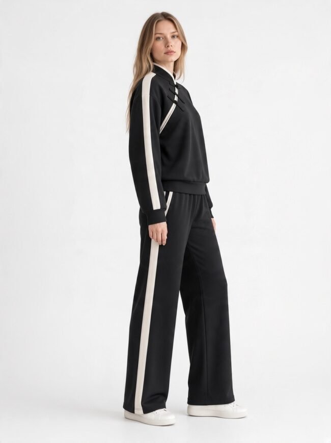 Model wearing a black tracksuit with white side stripes, standing in profile with white sneakers exposing a casual athletic look.