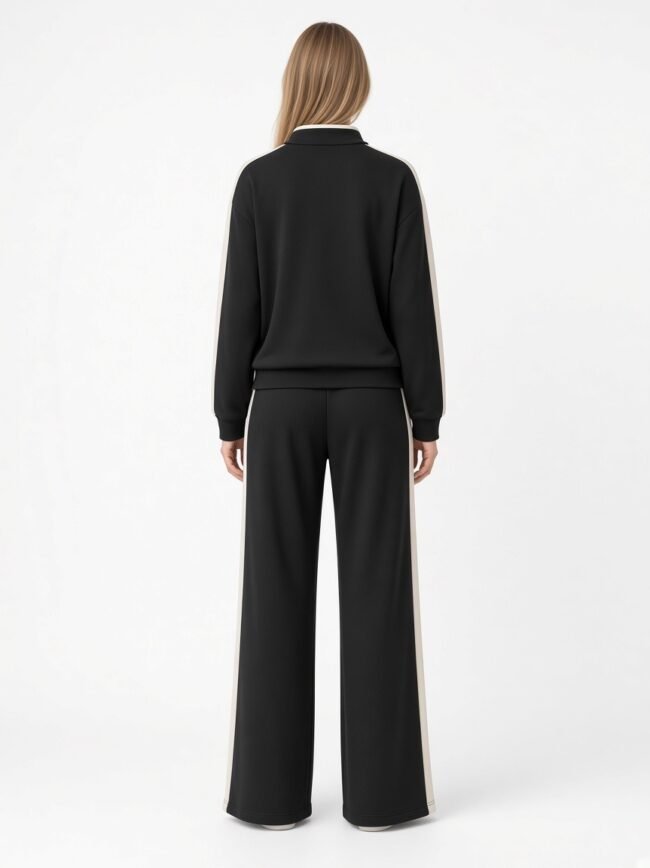 Back view of a person wearing a black tracksuit with beige side stripes on sleeves and pants.