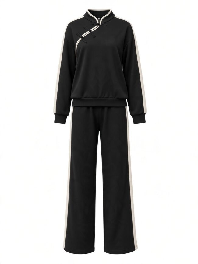 Black matching tracksuit: long-sleeve top with white piping and Chinese knot buttons, paired with wide-leg pants with white side stripes.
