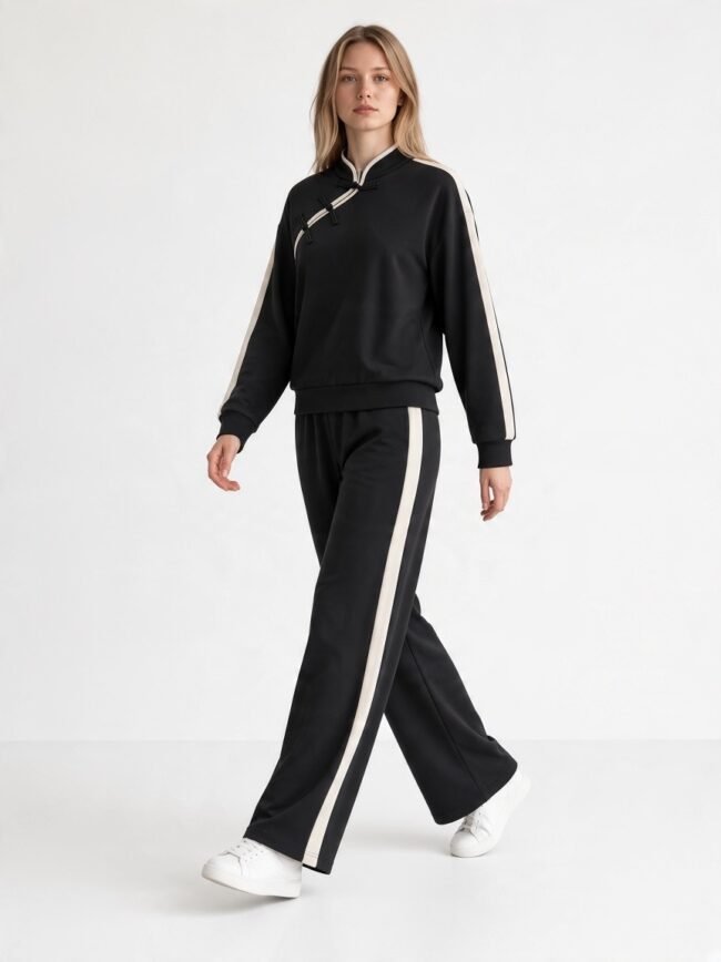 Model wearing a black tracksuit with white side stripes on the sleeves and pants, paired with white sneakers.