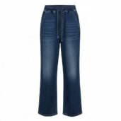 Dark wash denim wide-leg pants with a drawstring waist and front pockets. Silhouette is relaxed and slightly flared at the hem.