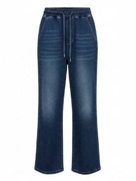 Dark wash denim wide-leg pants with a drawstring waist and front pockets. Silhouette is relaxed and slightly flared at the hem.
